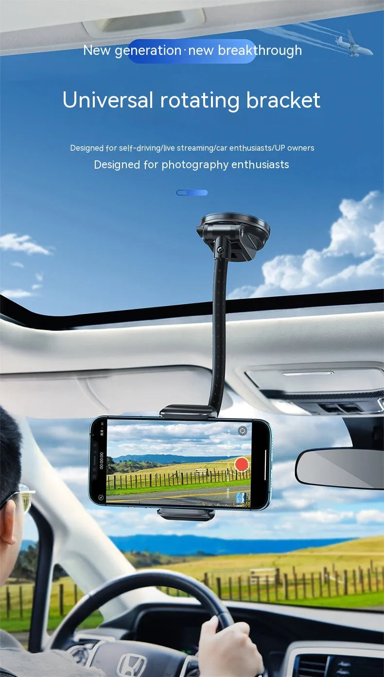 Black universal rotating car mobile phone bracket with metal construction and double supercharged clamp