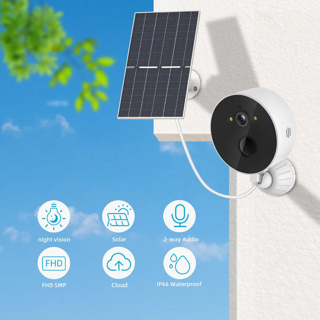 Outdoor solar-powered security camera with separate solar panel for 1080P HD property monitoring