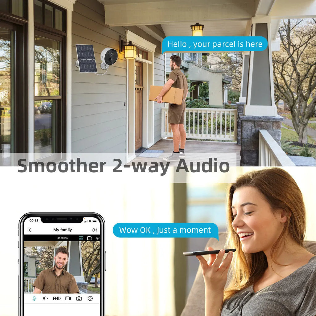 Outdoor solar-powered security camera with separate solar panel for 1080P HD property monitoring