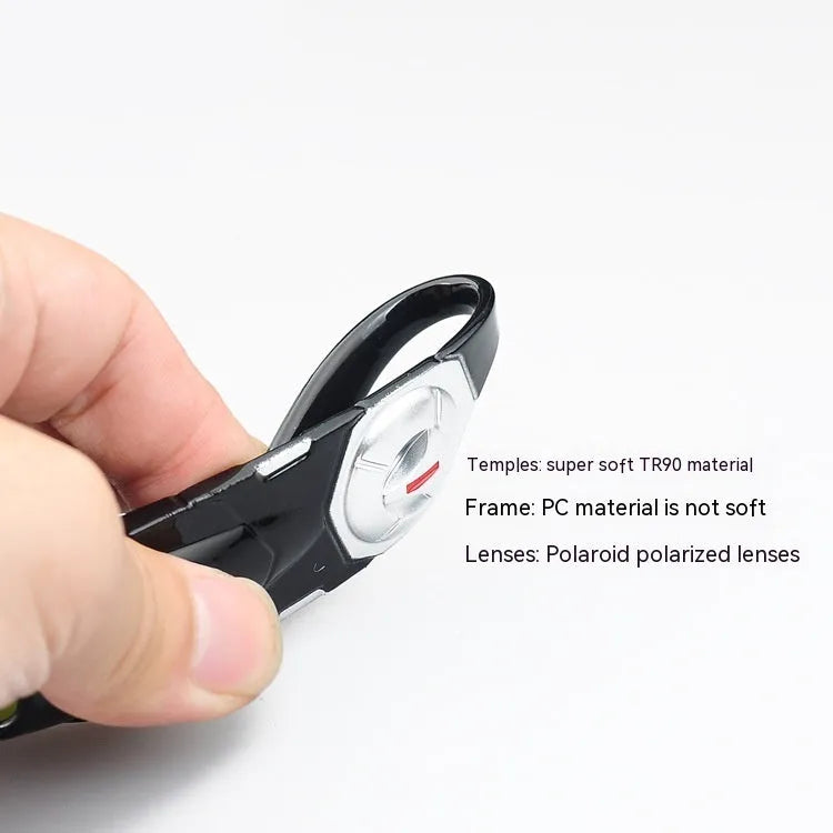 Black polarised sports sunglasses with a choice of Blue Mercury, Grey Sheet, or Red Mercury colour film lenses.