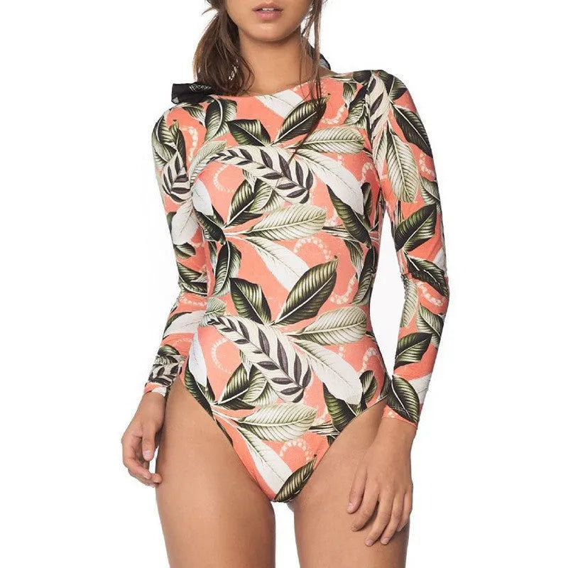 Women's backless one-piece swimsuit with leaf floral print in colour-blocked design