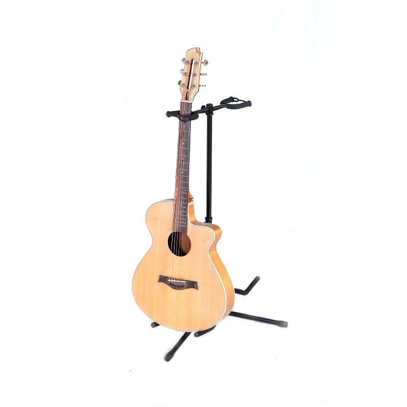 Black vertical double-headed adjustable iron guitar stand on a floor