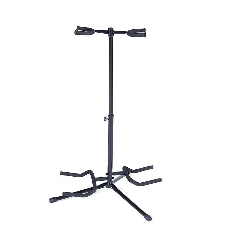 Black vertical double-headed adjustable iron guitar stand on a floor
