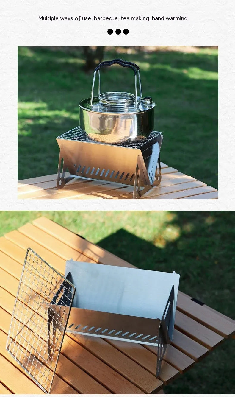 Stainless steel folding barbecue oven with charcoal grill and storage bag for outdoor cooking