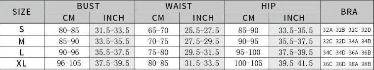 Women's blue one-piece swimsuit set with matching gauze skirt and separate swimsuit piece on size chart