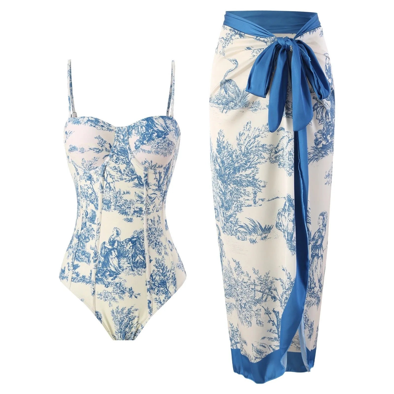 Women's blue one-piece swimsuit set with matching gauze skirt and separate swimsuit piece on size chart