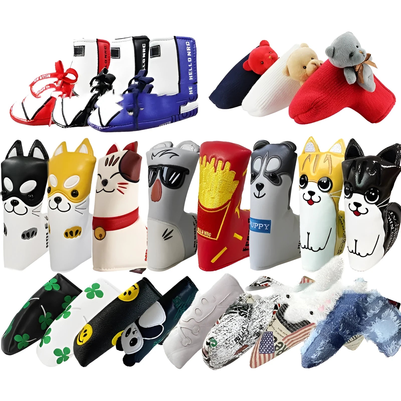 Golf straight bar putter sleeve in various designs including four-leaf clover, smiley face, and animal styles.