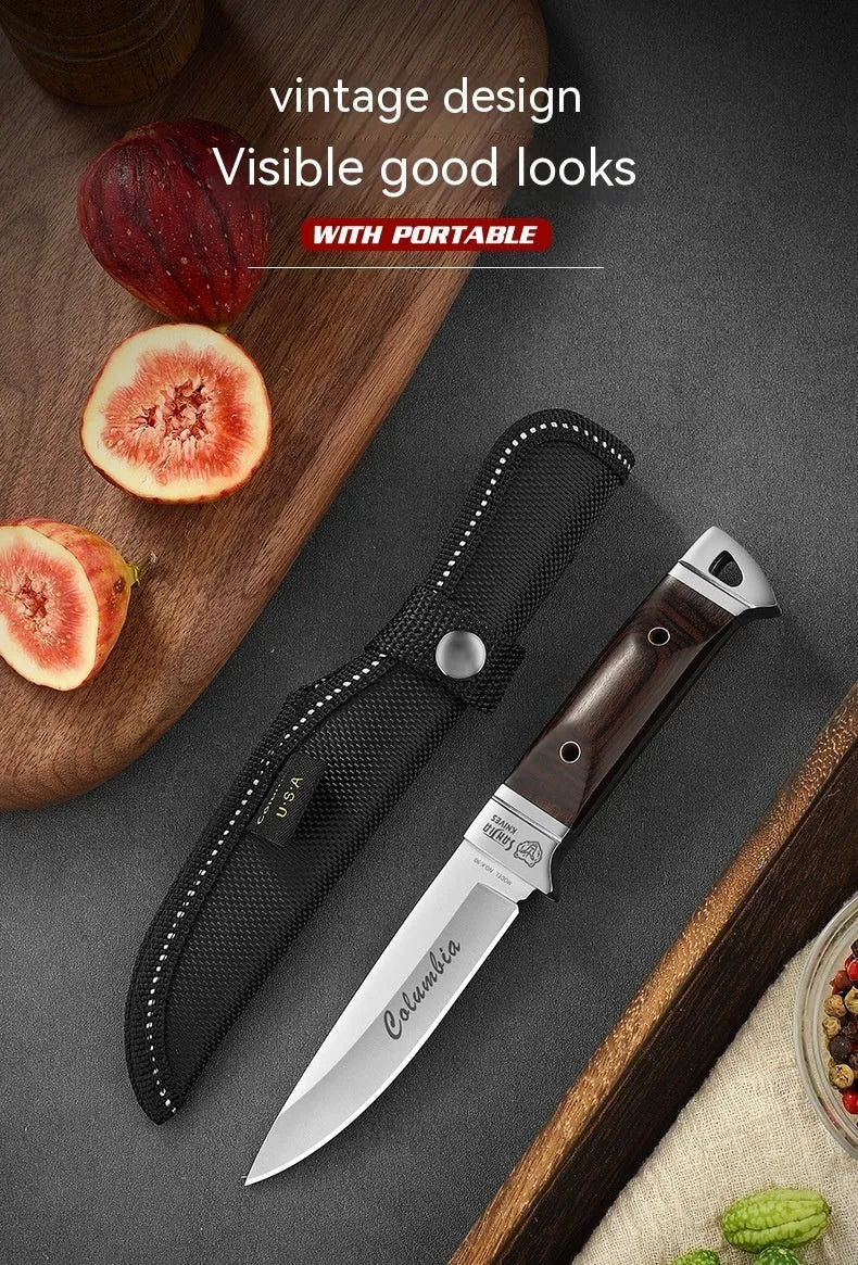 National style stainless steel camping fruit knife shown with its leather carry case.