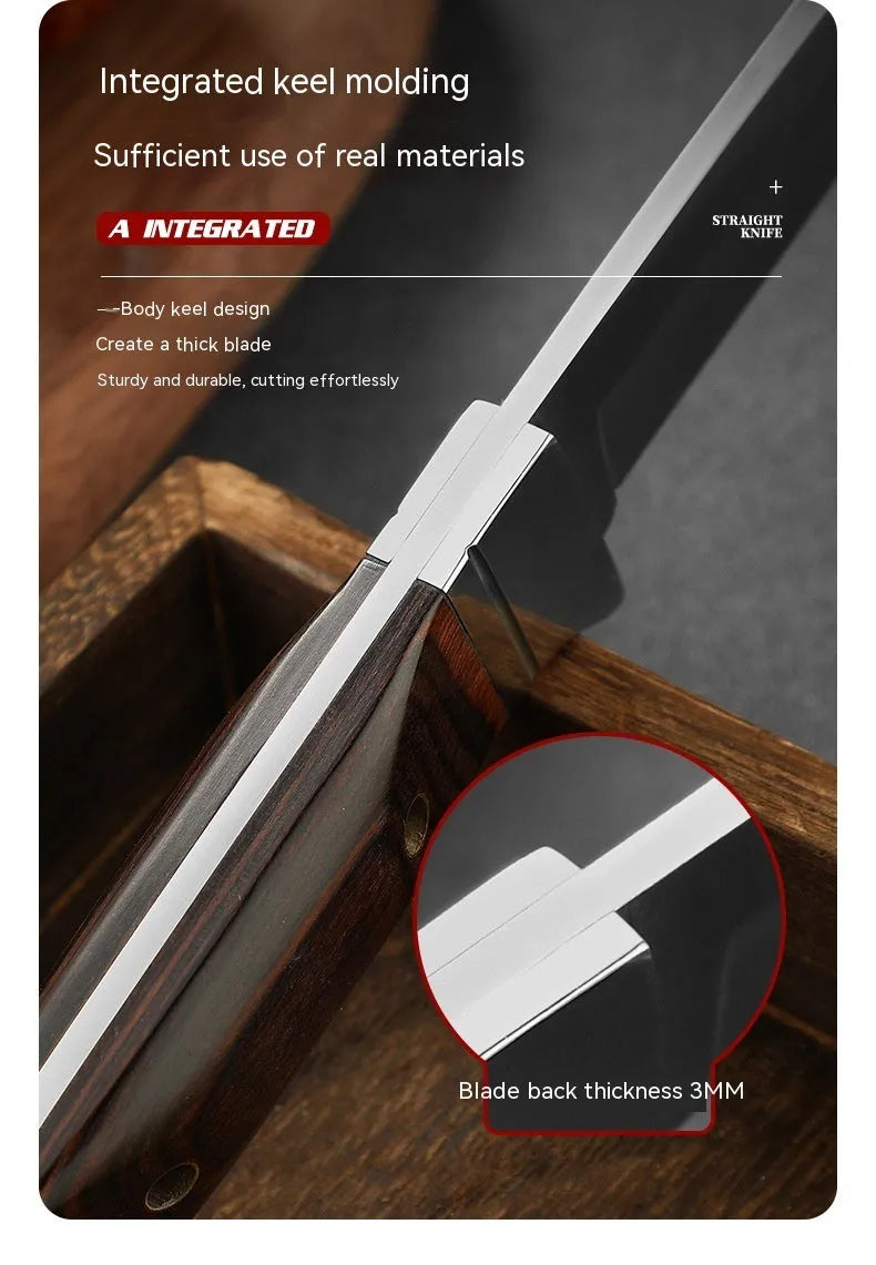National style stainless steel camping fruit knife shown with its leather carry case.