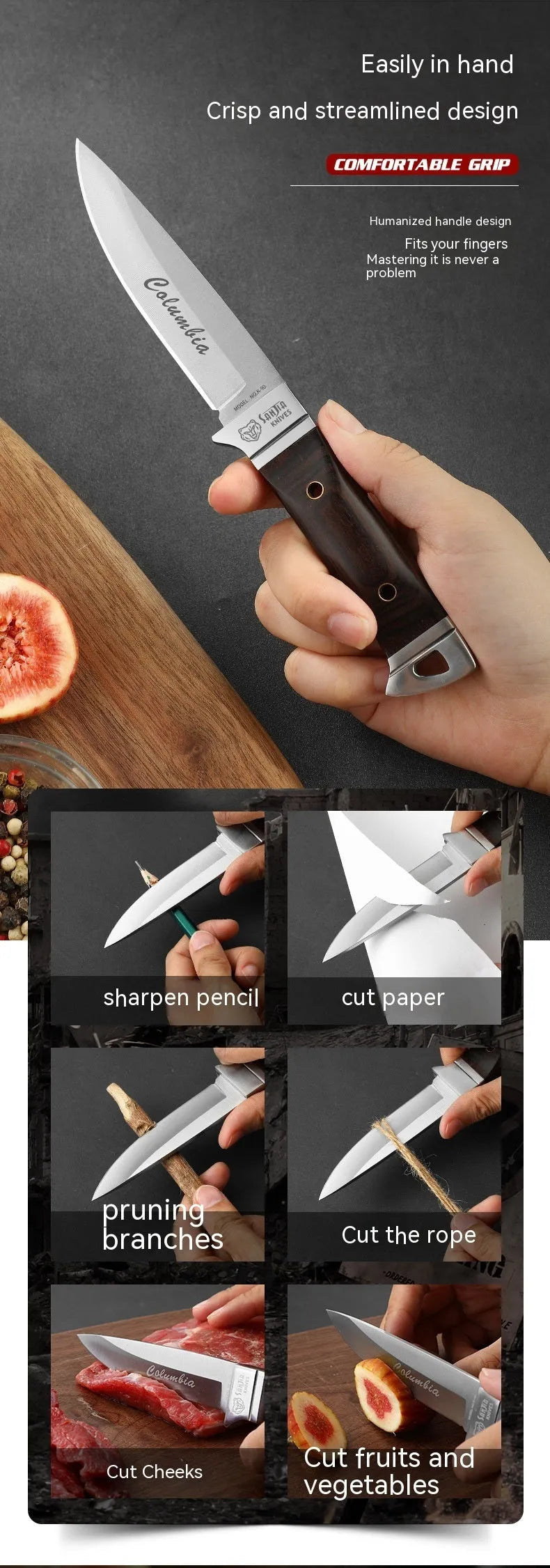 National style stainless steel camping fruit knife shown with its leather carry case.