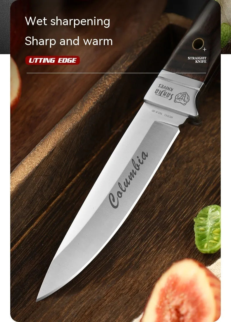 National style stainless steel camping fruit knife shown with its leather carry case.