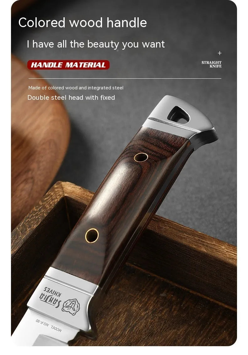 National style stainless steel camping fruit knife shown with its leather carry case.