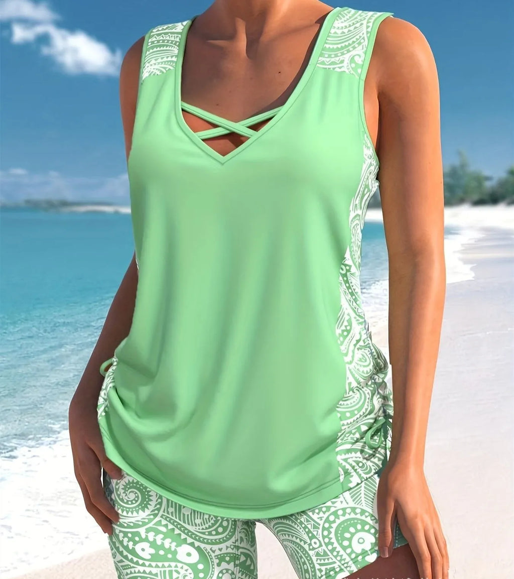 Women's printed split hem boxer swim shorts swimsuit in polyester fabric