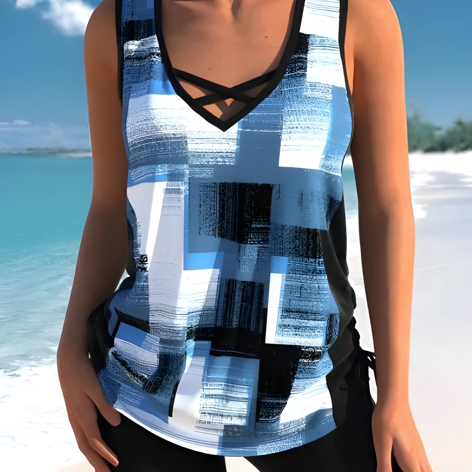 Women's printed split hem boxer swim shorts swimsuit in polyester fabric