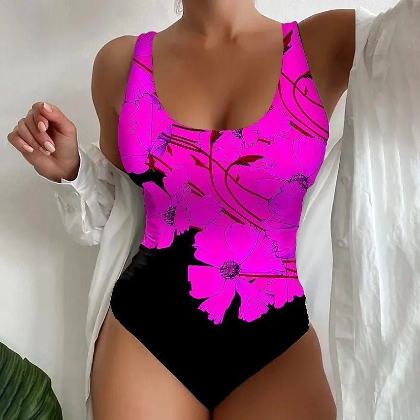 Women's orange red one-piece swimsuit with a 3D printed pattern, showing front design.