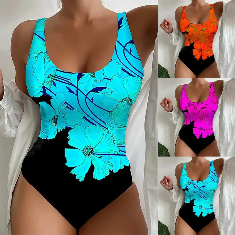 Women's orange red one-piece swimsuit with a 3D printed pattern, showing front design.