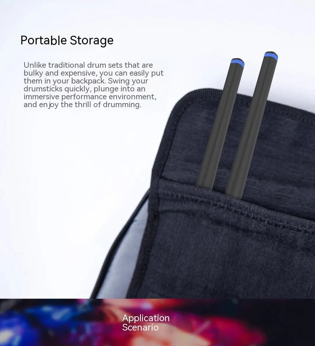Black somatosensory air drum kit virtual AR toy with wireless connectivity and LED lighting