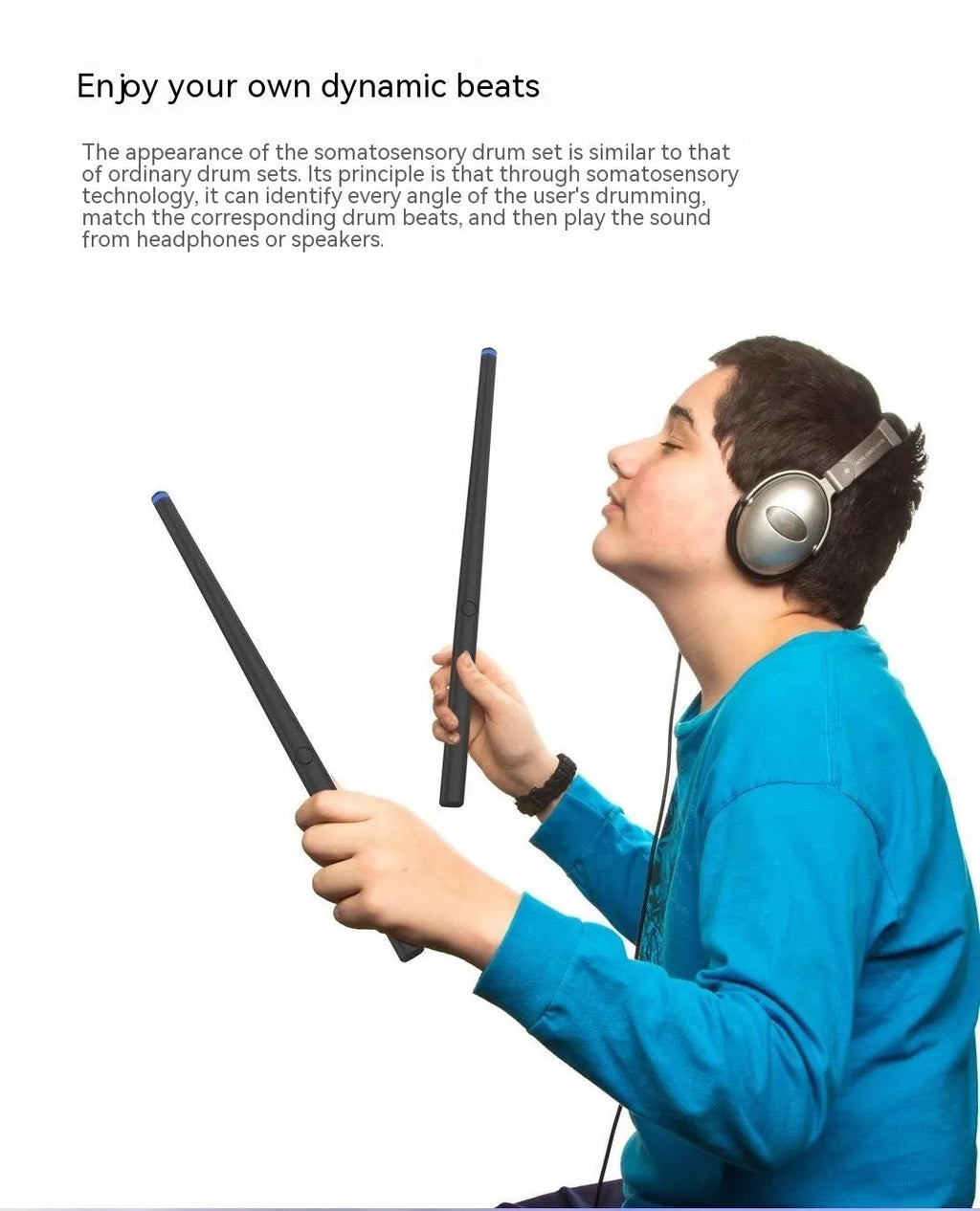 Black somatosensory air drum kit virtual AR toy with wireless connectivity and LED lighting