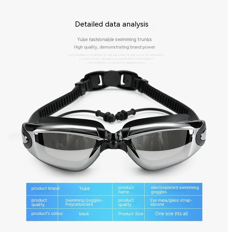 Men's black polyester swimming set with trunks, anti-fog goggles, waterproof cap, ear plugs, nose clip, and carry bag