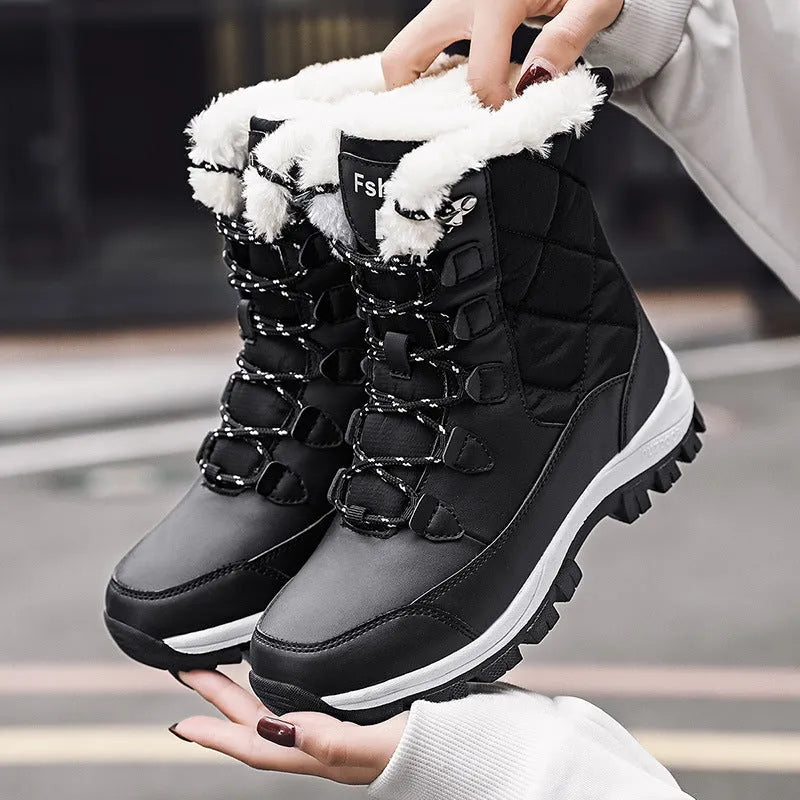 Women's fashion casual high-top snow boots in black with artificial PU upper and rubber sole