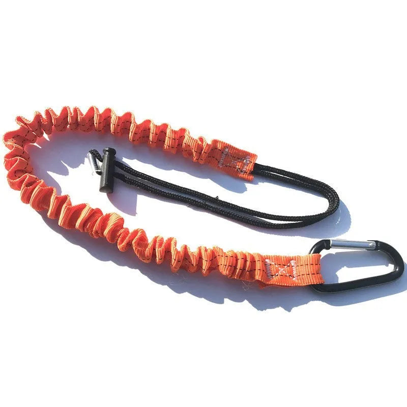 Orange fishing rod safety rope with 90cm length shown next to fishing rod
