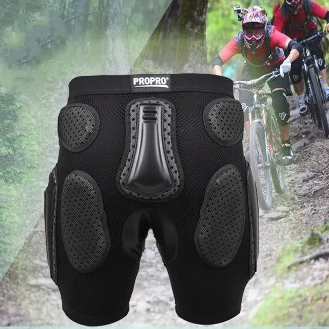 A pair of black cycling hip pad protective pants for sports, showing the integrated hip protection area.
