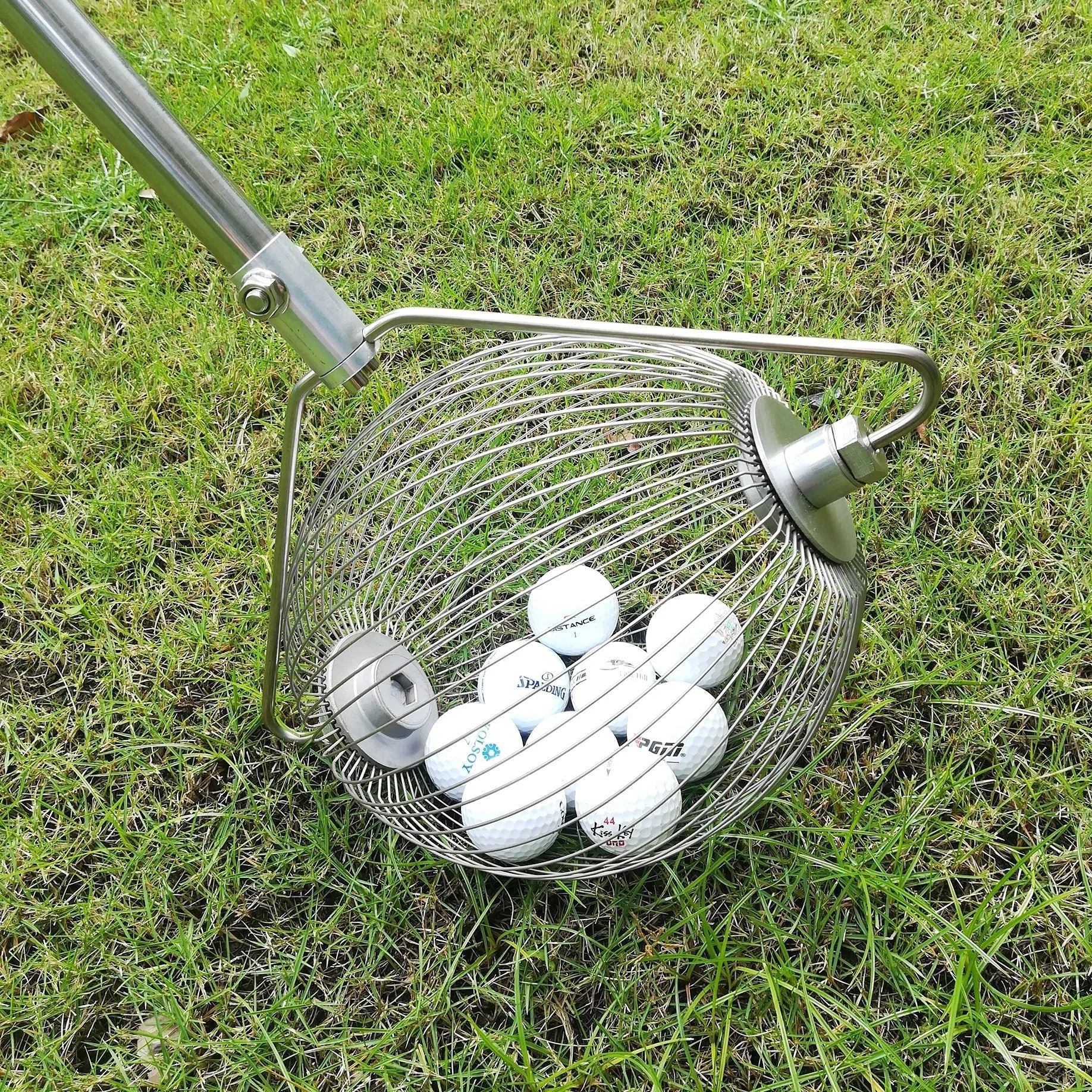 Stainless steel golf ball picker with metallic finish for retrieving golf balls