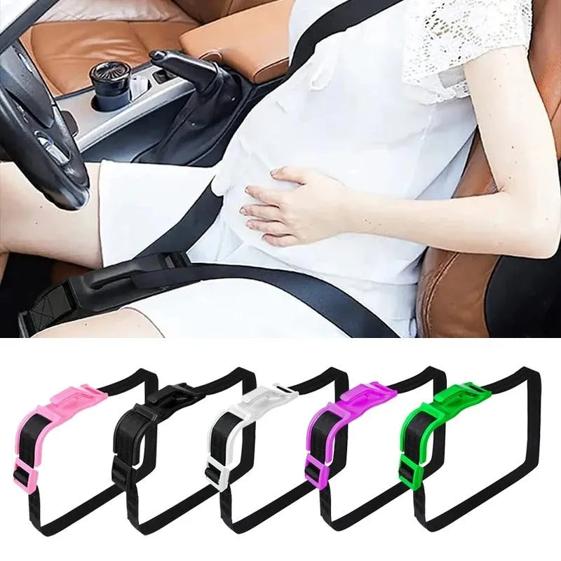 Car safety buckle for pregnant women in black with raised belt adjuster on car seat