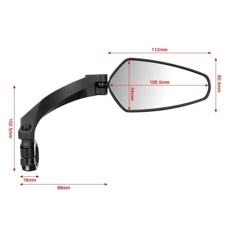 Black rotatable bicycle rearview mirror with large acrylic reflective surface mounted on handlebars.
