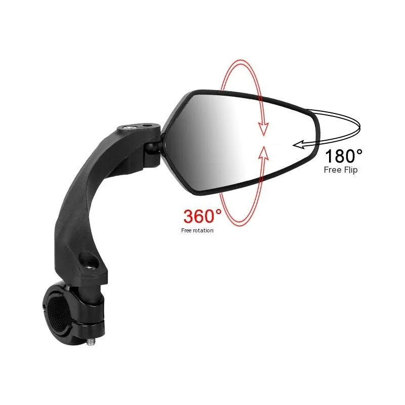 Black rotatable bicycle rearview mirror with large acrylic reflective surface mounted on handlebars.
