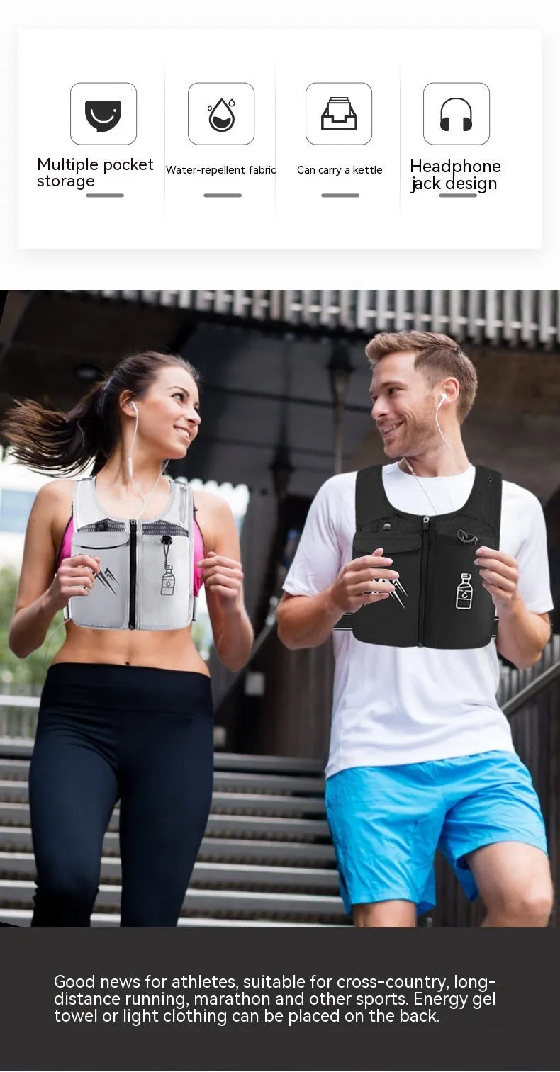 Sports running vest with integrated phone bag in breathable mesh fabric