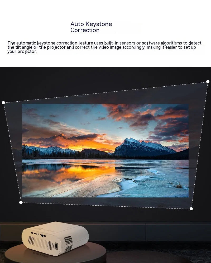White T07 Full HD 1080p smart projector with remote control on a surface.