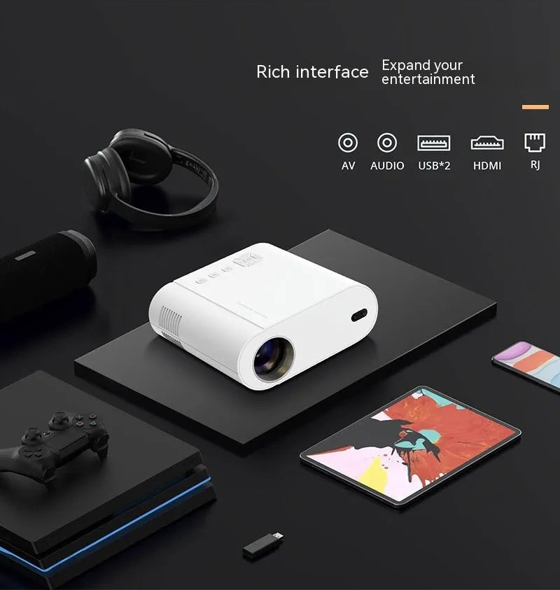 White T07 Full HD 1080p smart projector with remote control on a surface.
