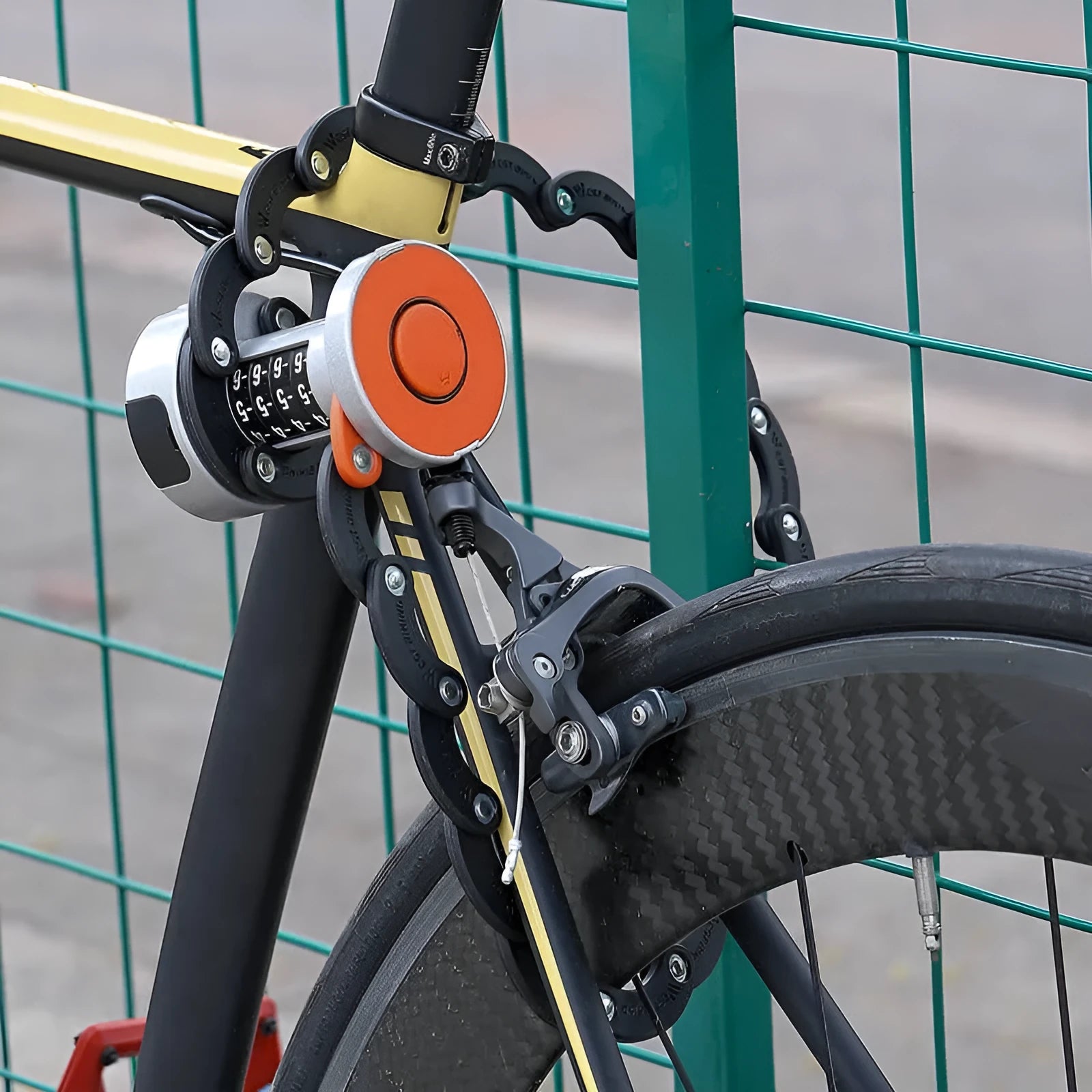 Bicycle folding lock in black or black orange colour with modern design and portable folding mechanism