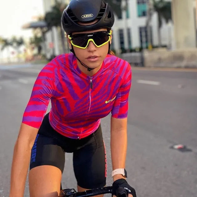 Attaquer women's kaleidoscope pattern cycling jersey and bib shorts set in multiple colour options