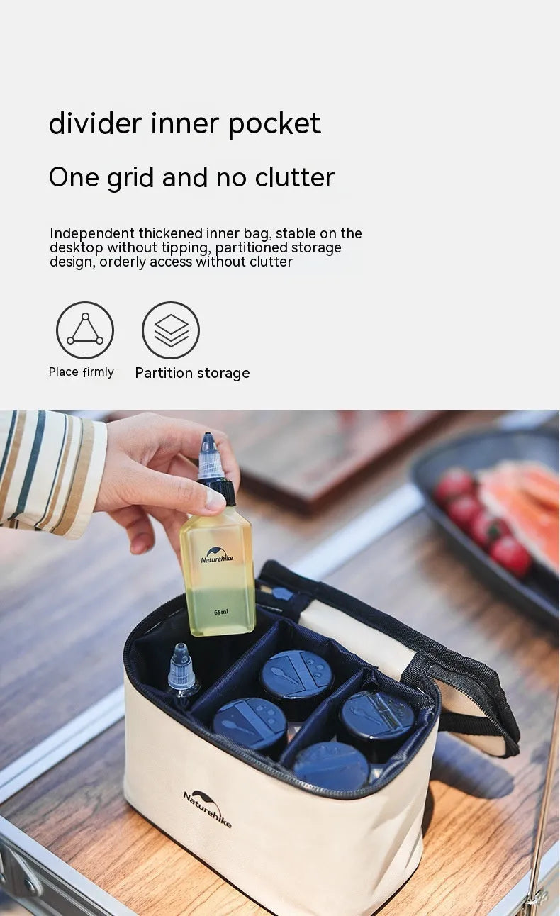 Set of six white portable seasoning bottles with black lids for outdoor picnics and camping.