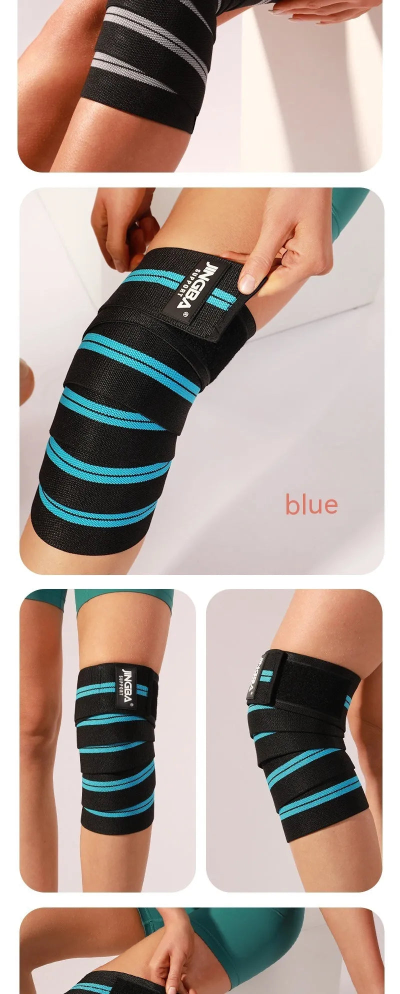 Adjustable knee pads in blue, yellow, red, or grey for weightlifting and sports protection