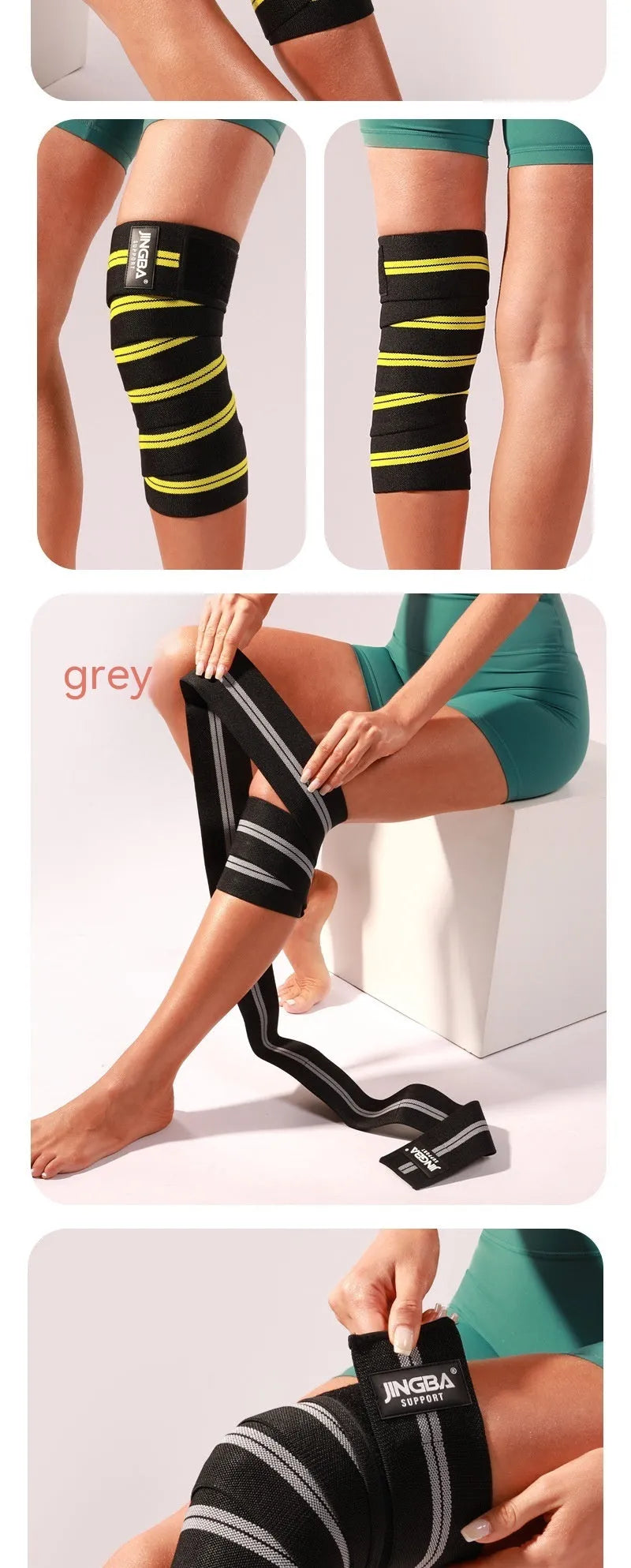 Adjustable knee pads in blue, yellow, red, or grey for weightlifting and sports protection