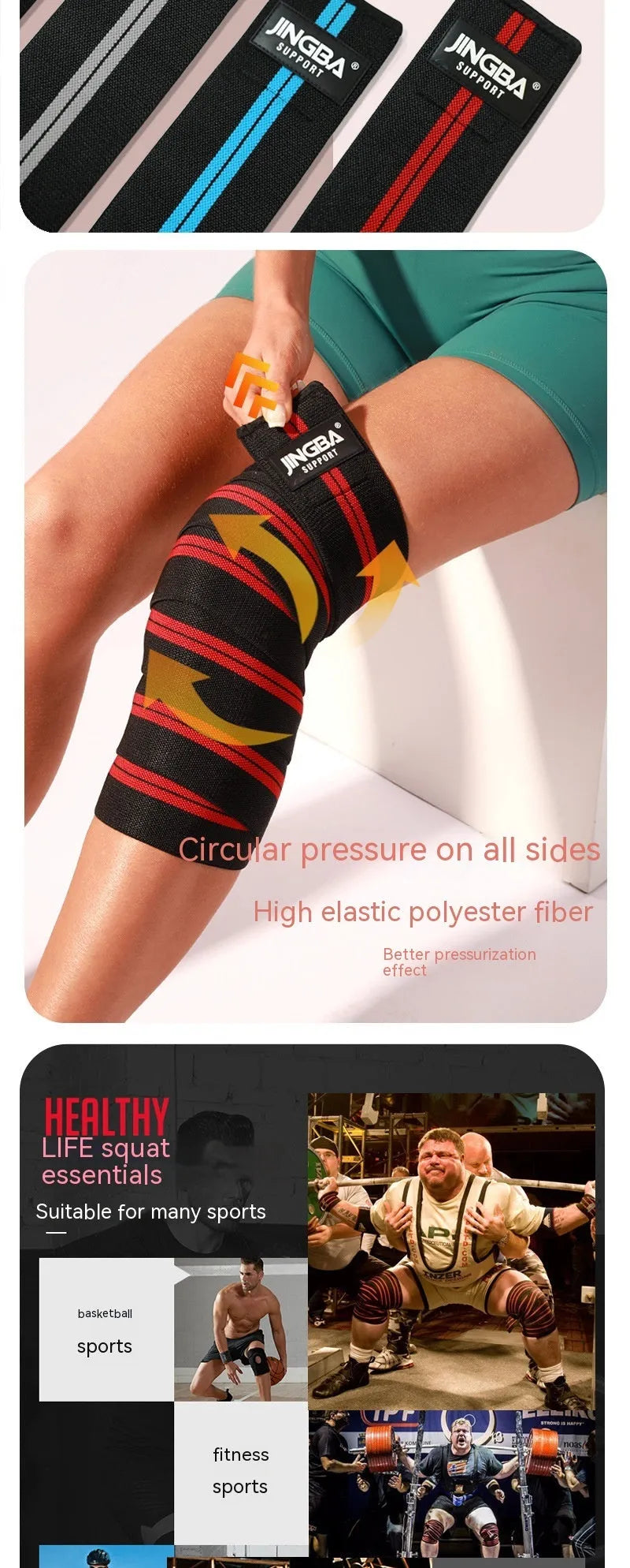 Adjustable knee pads in blue, yellow, red, or grey for weightlifting and sports protection