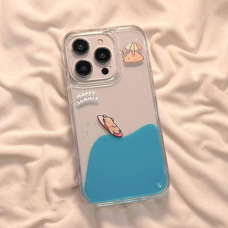 Cute animal surfing brown puppy TPU phone case for iPhone 14 Pro Max, drop-resistant protective cover