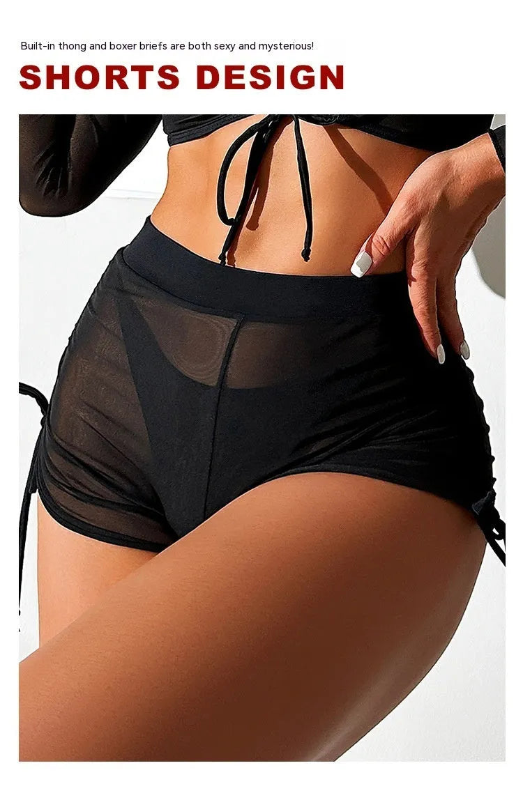 Black mesh bikini four-piece swimsuit set with long sleeves for women's swimming sports