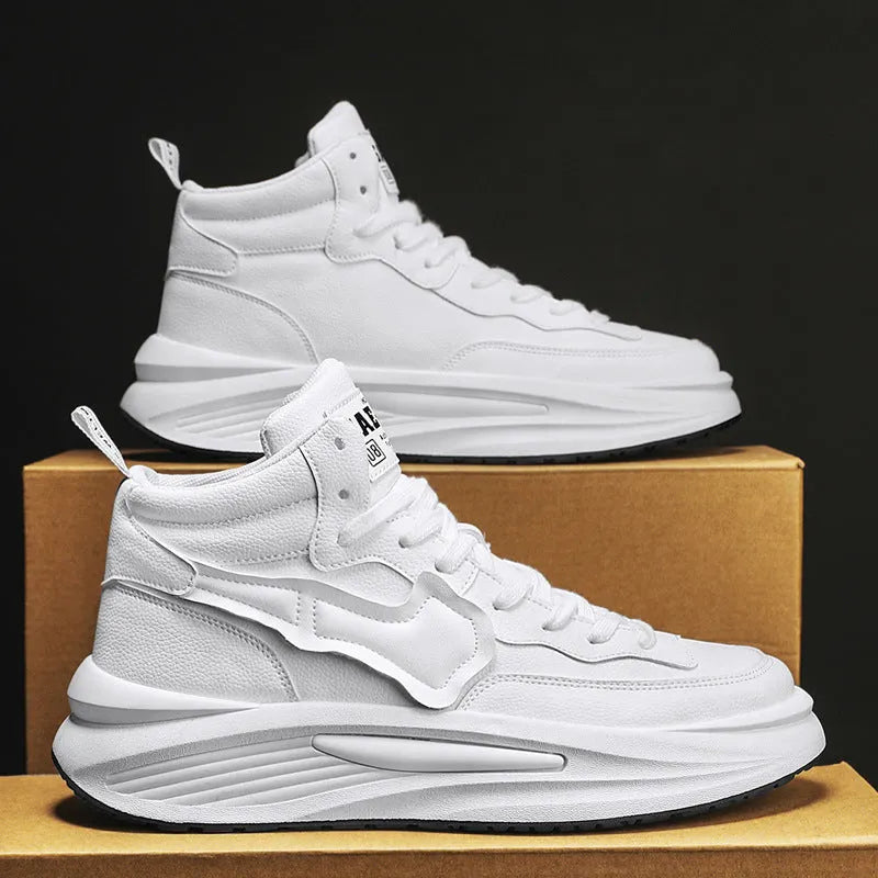 Men's black high-top platform casual shoes made of artificial PU leather with a round toe.