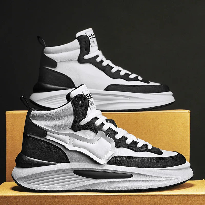 Men's black high-top platform casual shoes made of artificial PU leather with a round toe.