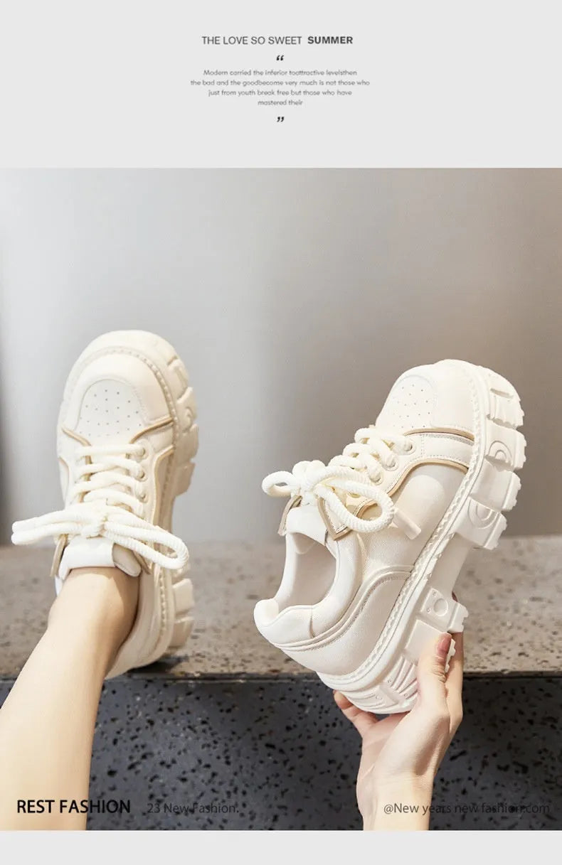 Beige and pink leather casual shoes with muffin bottom design and height increasing sole