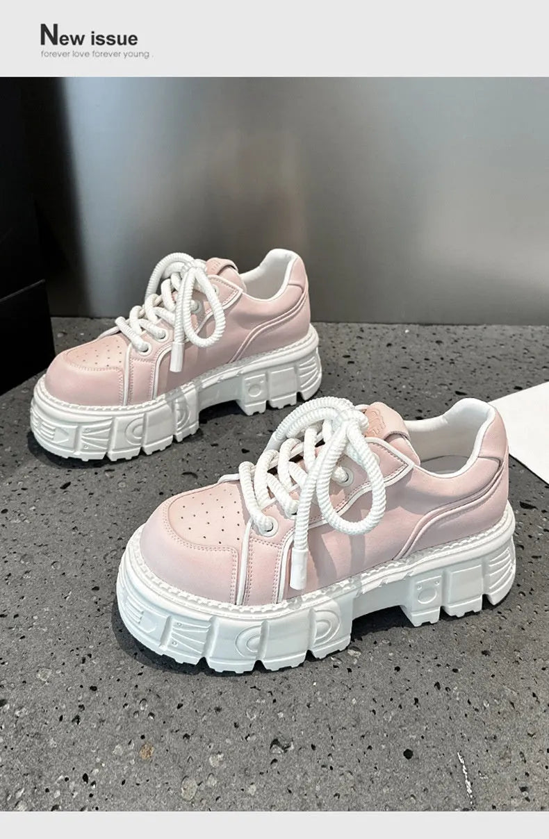 Beige and pink leather casual shoes with muffin bottom design and height increasing sole