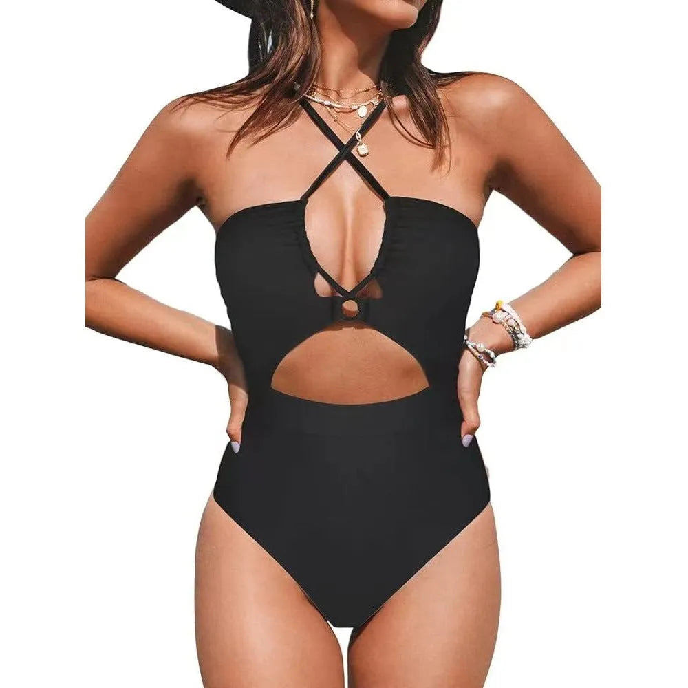 Women's solid colour backless one-piece swimsuit in polyester fabric.