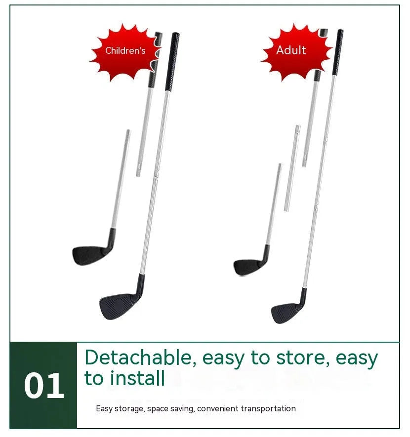 Metal golf practice club shown in two colour options: adult club and children's club for outdoor sports.