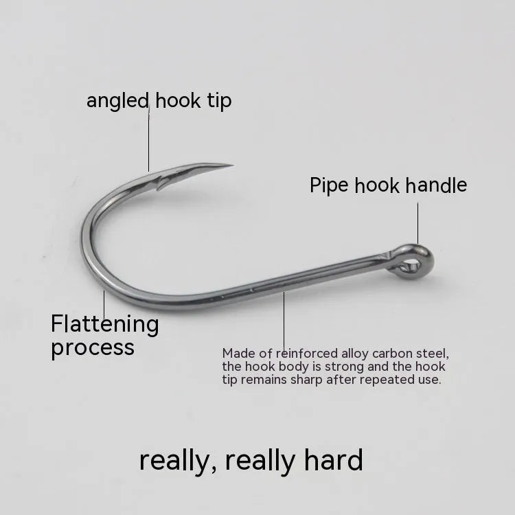 Bulk pack of barbed alloy carbon steel fishing hooks in various sizes for sea fishing.