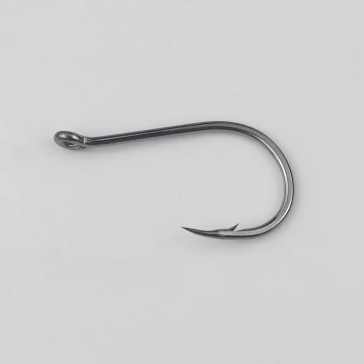 Bulk pack of barbed alloy carbon steel fishing hooks in various sizes for sea fishing.