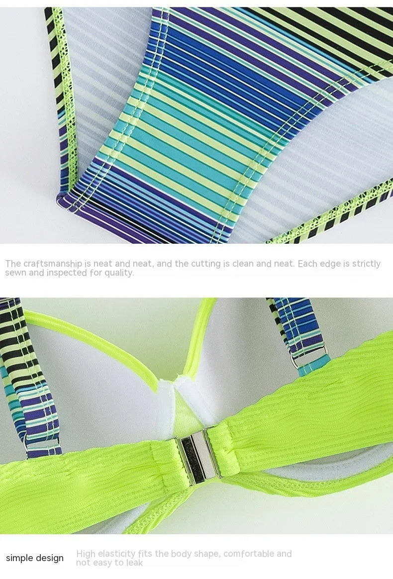 Green printed women's halter bikini set with split briefs on a mannequin